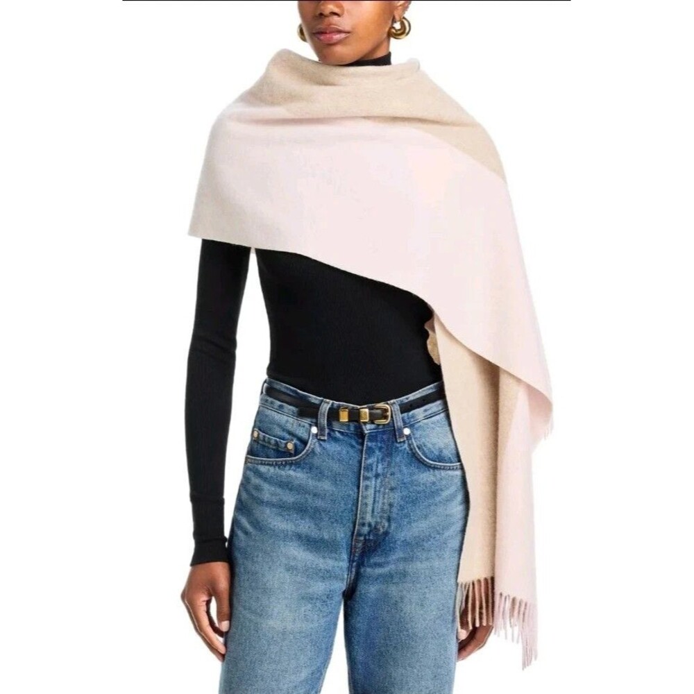C by Bloomingdale's Women's Cashmere Block Stripe Oversized Scarf Soft Pink Tan